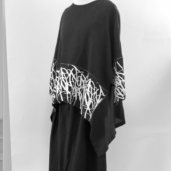 Black Linen Top and Harem Pants Set with White Print & Embroidery New XL or sz 3 - Picture 7 of 16